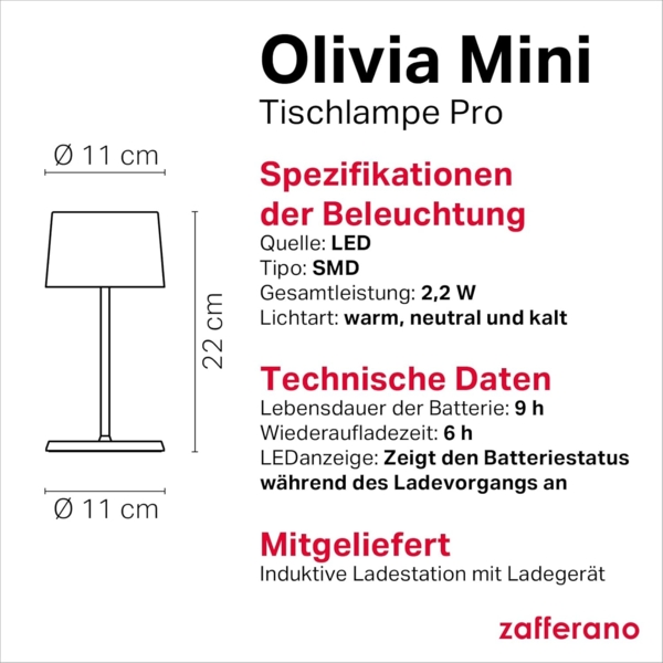 Zafferano, Olivia Mini Lampe, Tragbare und Wiederaufladbare Tischlampe mit Touch Control, Geeignet für Wohnzimmer und Außenbereich, Dimmer, 2200-3000 K, Höhe 22 cm, Farbe Corten Bild 4