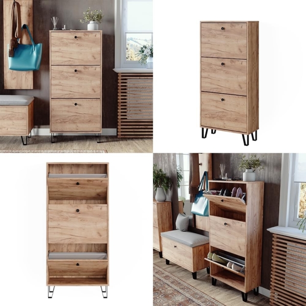 Schuhkipper Siri Goldkraft Eiche 130 x 60 cm mit 3 Klappschubladen Vicco Bild 8