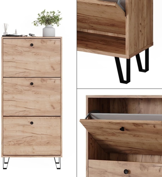 Schuhkipper Siri Goldkraft Eiche 130 x 60 cm mit 3 Klappschubladen Vicco Bild 6