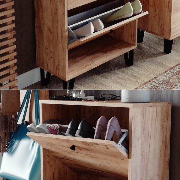 Schuhkipper Siri Goldkraft Eiche 130 x 60 cm mit 3 Klappschubladen Vicco Bild 5