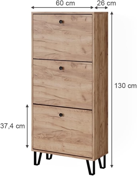 Schuhkipper Siri Goldkraft Eiche 130 x 60 cm mit 3 Klappschubladen Vicco Bild 3