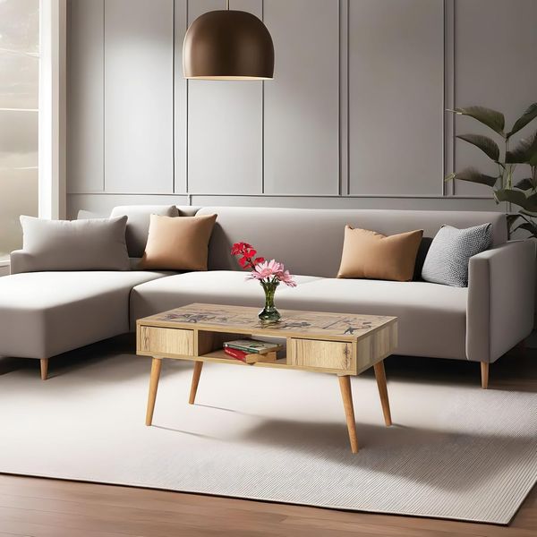 Hanah Home Stylish Coffee Table with Beechwood Legs, Atlantic Pine, 97 x 55 x 45 cm | 100% Melamine Coated Particle Board, 18 mm Thick | Wall-Fixable Design for Modern Living Spaces