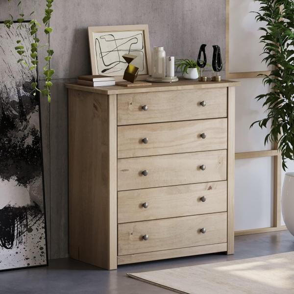 Home Discount Panama Kommode 5 Schubladen Kiefer massiv Holz gewachst Eiche Finish