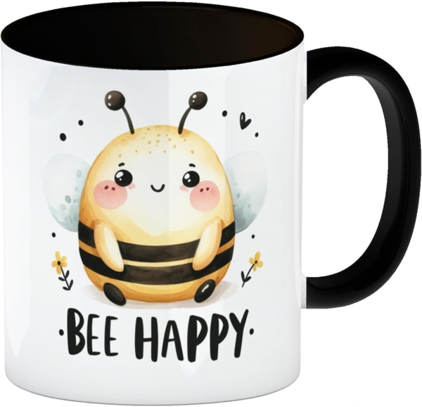 speecheese Tasse Biene Bee Happy Kaffeebecher in schwarz