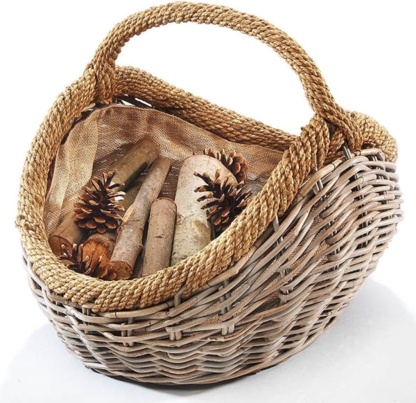 Kobolo Kaminholzkorb Holztrage aus Rattan in kubu grey mit Jutestoff