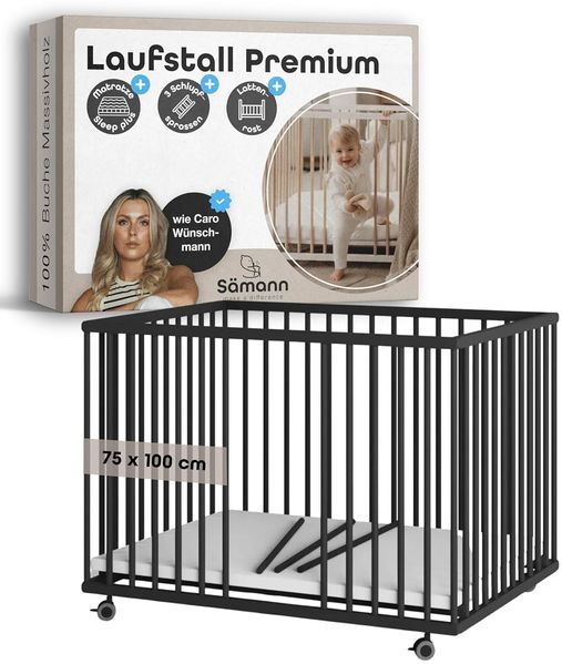 Sämann Laufstall Baby mit Matratze SleepPlus, Lattenrost und Schlupfsprossen | stufenlos höhenverstellbar | Laufgitter Premium | Babybett aus Holz | Krabbelgitter (schwarz, 75x100 cm)