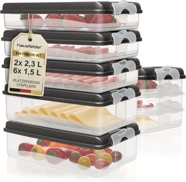 Hausfelder Frischhaltedose Aufschnittdosen Set mit Deckel, 6 x flach, 2 x hoch, Anthrazit, Kunststoff, (Set, 14-tlg, 6x flach, 2x hoch), Kühlschrank Organizer, BPA-frei, stapelbar