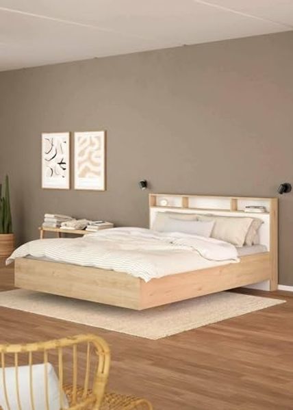 Dmora - Doppelbett Charlene, Struktur des Container-Betts, Sommier mit Verkleidung, Matratzenhalterstruktur, 216x170 h1 cm, Eiche und Weiß