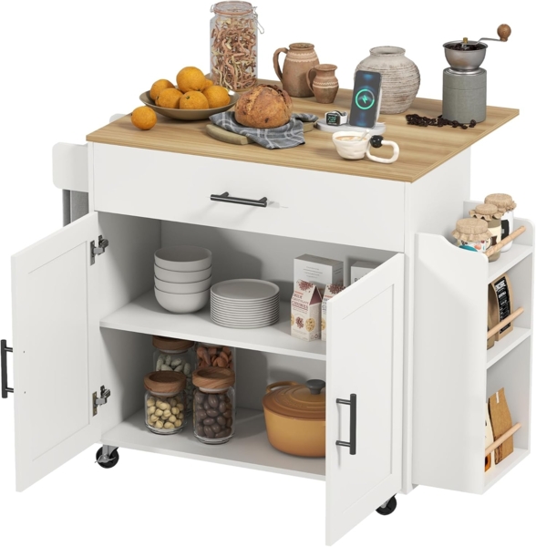 HOMCOM Servierwagen Kücheninsel auf Rollen, mit abklappbarer Arbeitsplatte, Schublade, (Küchenrollwagen, 1 St, Küchenwagen auf Rollen), mit Gewürzregal, Ablage, Handtuchhalter, für Küche, Esszimmer, Weiß