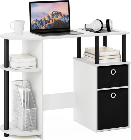 Furinno JAYA Simplistisch Computer-Schreibtisch mit Schubladen, Weiß/Schwarz/Schwarz