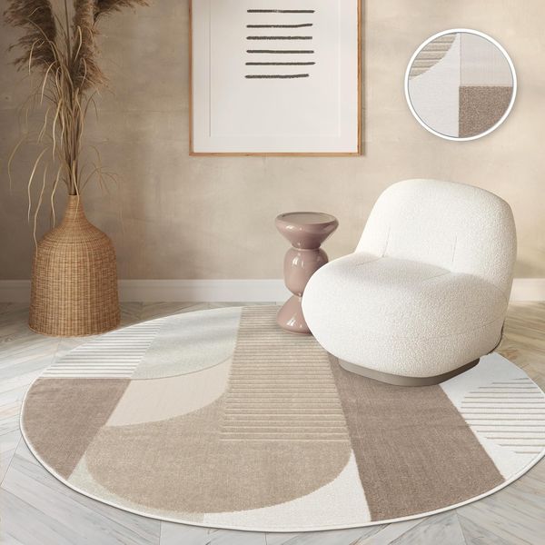 Paco Home Teppich In- & Outdoor, Moderne abstrakte Boho Designs mit 3D Struktur, robust & wetterfest, ideal für Terrasse Wohnzimmer & Küche, Grösse:120 cm Rund, Farbe:Beige 2