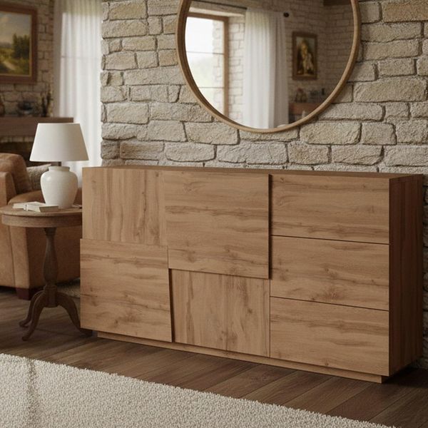 Dmora - Kommode Xavier, Wohnzimmer-Buffet, Wohnzimmer-Kommode mit 2 Türen und 3 Schubladen, 180 x 44 x 86 cm, Eiche