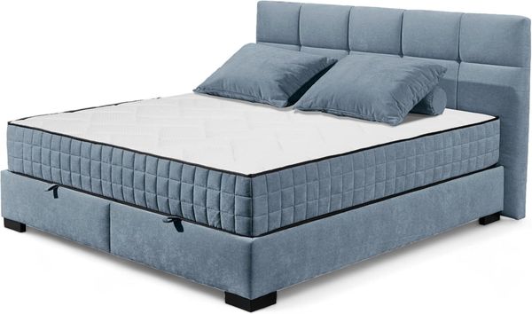 NAGOL A Boxbett 160x200, Denim - Bequemes Doppelbett mit Bettkasten und Premium 9-Zonen-Federkern Wendematratze - 185 x 114 x 214 cm (B/H/T)