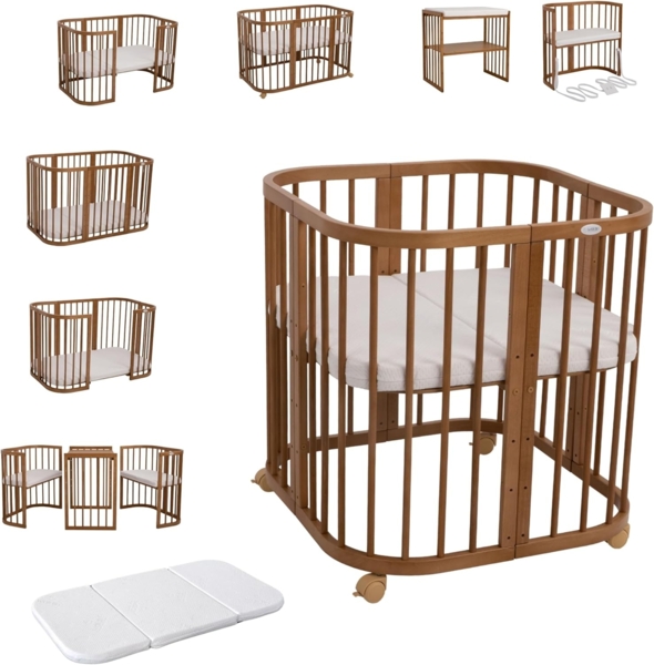 Waldin Babybett aus Holz 7in1 mit Matratze, Mitwachsendes Kinder-Bett, Belüftet, Boden 5-Fach Verstellbar, All-Inclusive-Set, Holz Vintage