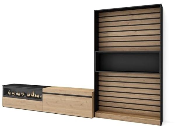 Skraut Home | TV-Bank | Möbel Wohnzimmer komplett | 310 x 186 x 35 cm | für Fernseher bis 80 Zoll | elektrischer Kamin | moderner Stil | Eiche und Schwarz