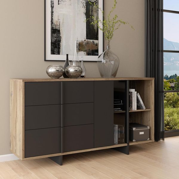 Forte JOKKAZ Sideboard mit 3 Schubladen und 1 Tür, Holzwerkstoff, Flagstaff Eiche/Schwarz, B x H x T: 159,6 x 85,7 x 42 cm