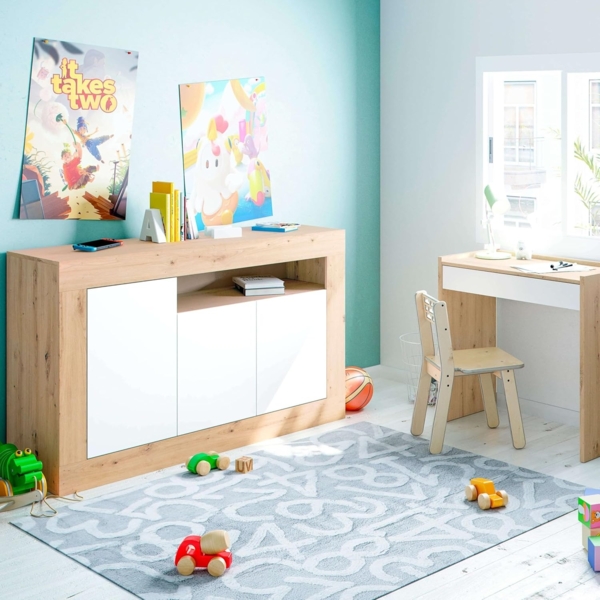 Habitdesign Anrichte mit 3 Türen, Buffet für Wohnzimmer, Beistellschrank, Modell Baltik, Weiß Artik und Nodi-Eiche, Maße: 144 cm (B) x 87 cm (H) x 42 cm (T) Bild 2