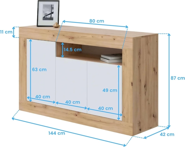 Habitdesign Anrichte mit 3 Türen, Buffet für Wohnzimmer, Beistellschrank, Modell Baltik, Weiß Artik und Nodi-Eiche, Maße: 144 cm (B) x 87 cm (H) x 42 cm (T) Bild 3