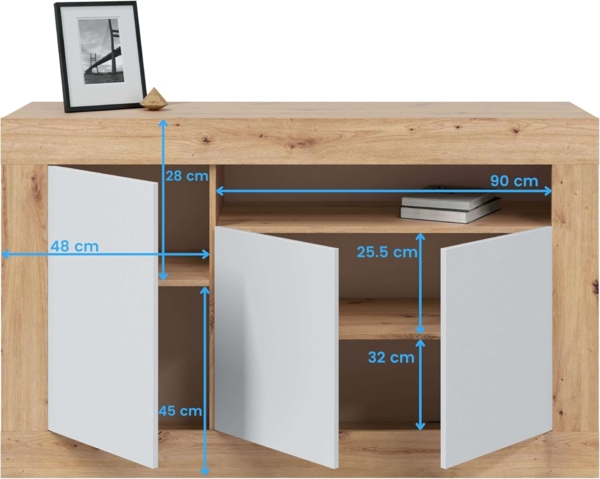 Habitdesign Anrichte mit 3 Türen, Buffet für Wohnzimmer, Beistellschrank, Modell Baltik, Weiß Artik und Nodi-Eiche, Maße: 144 cm (B) x 87 cm (H) x 42 cm (T) Bild 9