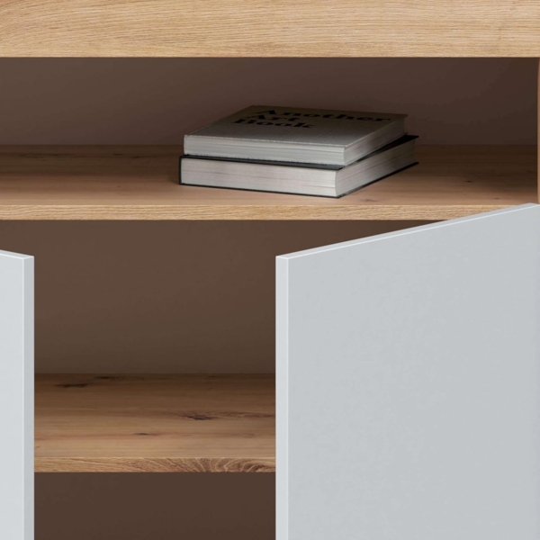 Habitdesign Anrichte mit 3 Türen, Buffet für Wohnzimmer, Beistellschrank, Modell Baltik, Weiß Artik und Nodi-Eiche, Maße: 144 cm (B) x 87 cm (H) x 42 cm (T) Bild 5