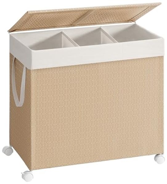 SONGMICS HOME Wäschekorb 3 Fächer, Wäschesammler 140 L, Wäschesortierer auf Rollen, mit Deckel, Wäschesack mit Griffen, Rattan-Optik, für Waschküche Badezimmer, naturbeige-mattweiß LCBDE602N01