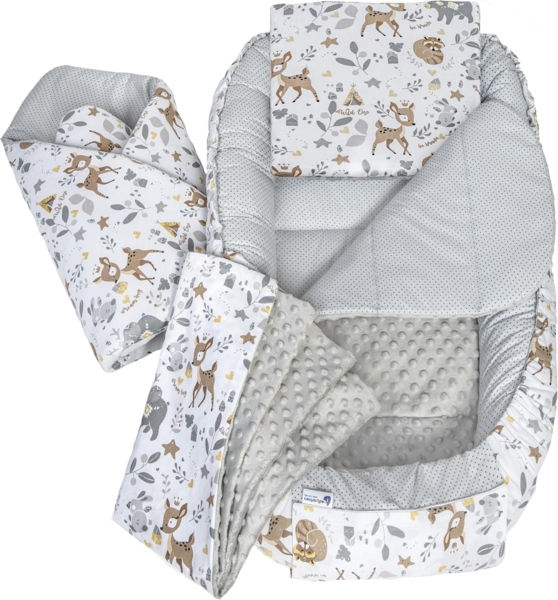 Medi Partners 5 teilig Babynestchen Set Babynest 100 x 60 x 15 herausnehmbarer Einsatz Bett Kuschelnest Krabbeldecke Babys Neugeborene 100% Baumwolle (REH mit Grauem Minky)