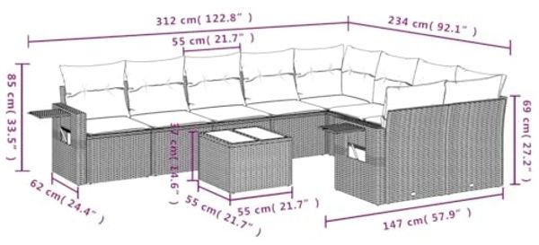 vidaXL 10-tlg. Garten-Sofagarnitur mit Kissen Hellgrau Poly Rattan 3252989 Bild 3