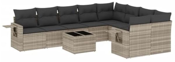 vidaXL 10-tlg. Garten-Sofagarnitur mit Kissen Hellgrau Poly Rattan 3252989