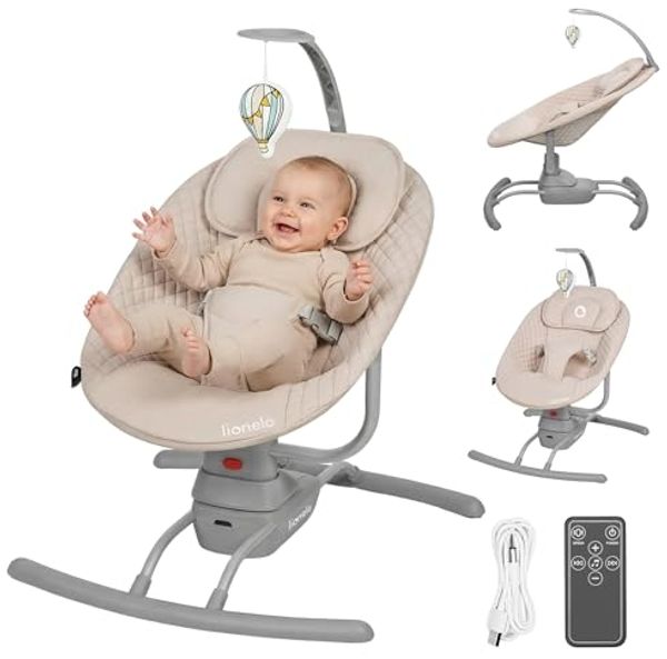 LIONELO RIO Elektrische Babywippe für Kleinkinder bis zu 9 kg Verstellbare Rückenlehne, 3 Wiegegeschwindigkeiten, Polster Sitzgurte Melodien und Geräusche der Natur Leichtes Gewicht 3,5 kg