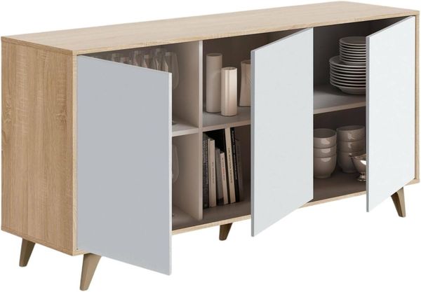 Dmora Modernes Sideboard mit 3 Türen und Regalen, Küchen-Sideboard, Wohnzimmer-Design-Buffet, 154x40h75 cm, Eiche und weiße Farbe