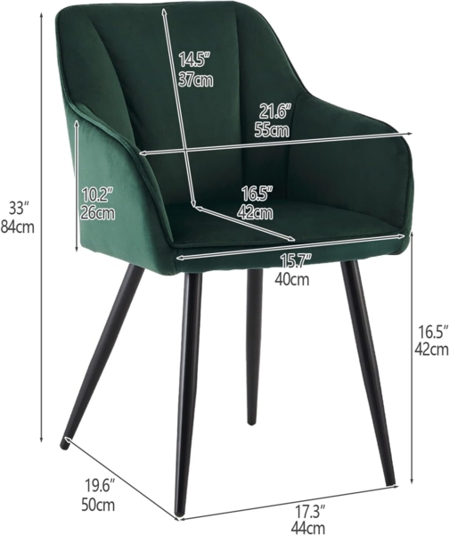 TUKAILAI Esszimmerstühle 2er Set aus Samt,Küchenstuhl Polsterstuhl Armlehnstuhl mit Armlehnen,Rückenlehnen,weiche Sitzpolster,Metallbeinen,Modern Sessel für Küche Esszimmer Wohnzimmer,Grün Bild 3