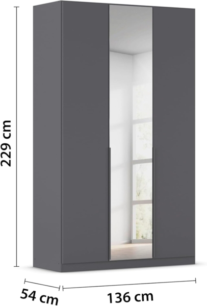 Rauch Möbel Alabama, Kleiderschrank, Garderobe, 3-türig, Spiegel, Zubehör Premium, 2 Kleiderstangen, 7 Einlegeböden, Schubladeneinsatz, Farbe Grau metallic, Schwarz, Griff Grau metallic, 136 x 229 x 54 cm Bild 3