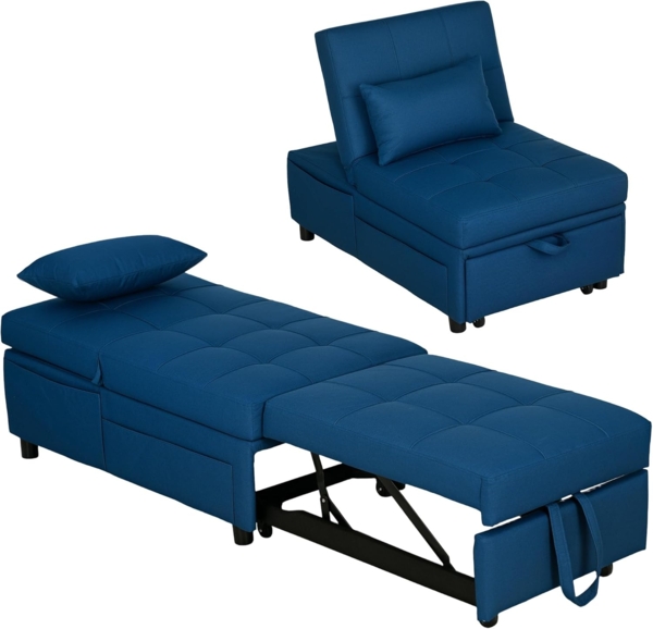 HOMCOM Sessel 3-in-1, mit Bettfunktion, Seitentasche, ausziehbar (Relaxsessel, 1-St, Klappbett), bis 150 kg belastbar, für Wohnzimmer,Schlafzimmer, Blau