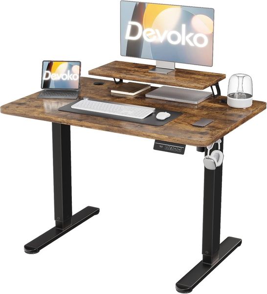 Devoko 120×60cm Elektrisch Höhenverstellbarer Schreibtisch mit Monitorständer, Computer-Schreibtisch, mit 2 Höhen-Speicherfunktionen, Vintagebraun