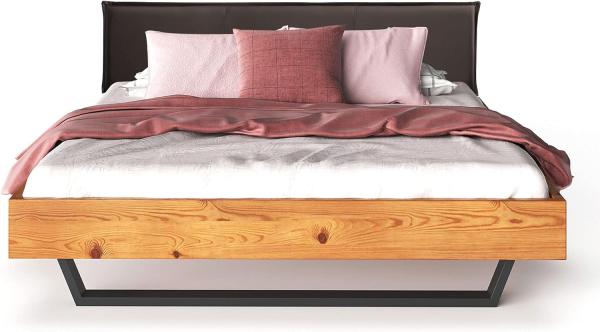Möbel-Eins CURBY Kufenbett mit Polster-Kopfteil, Material Massivholz, rustikale Altholzoptik, Fichte, Kufen schwarz natur 120x200 cm Kunstleder Braun ohne Steppung Bild 1