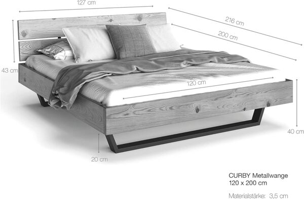 Möbel-Eins CURBY Kufenbett mit Polster-Kopfteil, Material Massivholz, rustikale Altholzoptik, Fichte, Kufen schwarz natur 120x200 cm Kunstleder Braun ohne Steppung Bild 4