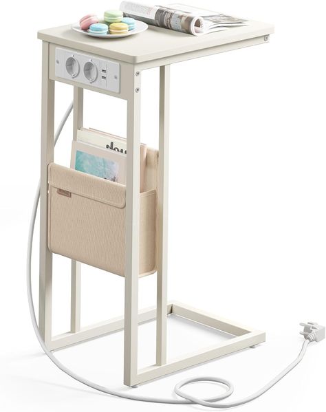 VASAGLE Beistelltisch, Sofatisch mit Ladestation, C Form, Couchtisch klein, Stofftasche, verstellbare Füße, Schlafzimmer, Wohnzimmer, 2 USB-Anschlüsse, 2 AC-Steckdosen, cremeweiß LET356W02