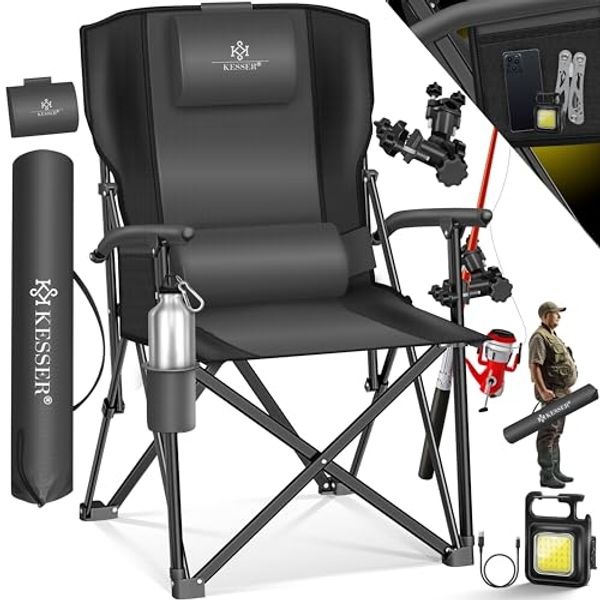 KESSER® Campingstuhl faltbar bis 160 kg | Angelstuhl Faltstuhl Klappstuhl Gepolstert mit Armlehnen | Campinglicht und Getränkehalter + Tasche mit hoher Rückenlehne | Strandstuhl mit Angelhalterung Anthrazit / Schwarz