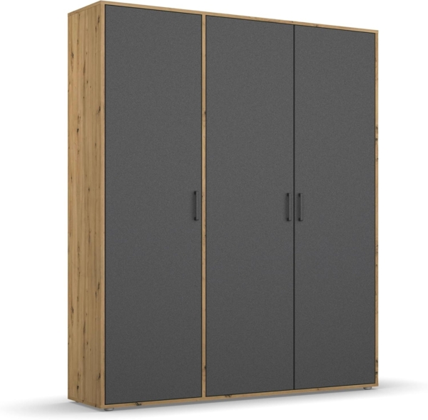 Rauch Möbel Voyager, Kleiderschrank für Schlafzimmer, Kinderzimmer, Jugendzimmer, Flur, 3-türig, mit Zubehör Classic, Farbe Grau metallic, Schwarz/Eiche Artisan, Holz, Breite 140cm