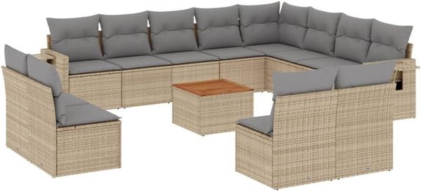 vidaXL 13-tlg. Garten-Sofagarnitur mit Kissen Beige Poly Rattan 3257144