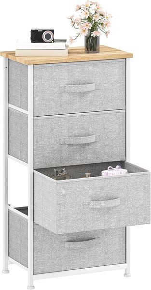 DWVO Kommode mit 4 Schubladen, Schrank aus Stoff mit Griffen, Metallgestell & MDF-Holzplatte, langlebig, für Schlafzimmer & Wohnzimmer,Hellgrau