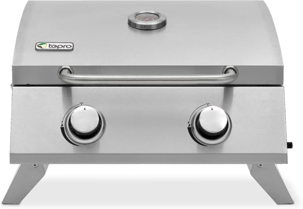tepro Tischgasgrill Chicago, 2 Brenner mit je ca. 3 kW Leistung, Piezozündung, Thermometer, Maße ca. 54 x 45,5 x 36 cm, Silber