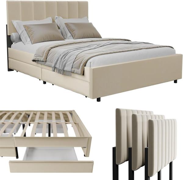 Juskys Samt Polsterbett Soria 140x200 cm mit Lattenrost & Schubladen - modernes Bett - Kopfteil höhenverstellbar - Jugendbett - Doppelbett Beige