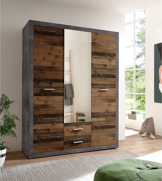 Stella Trading Stone Eleganter Kleiderschrank mit viel Stauraum und Spiegeltür - Vielseitiger Drehtürenschrank in Old Style Optik und Betonoxid - 151 x 198 x 55 cm (B/H/T) Bild 5