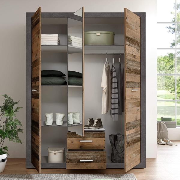 Stella Trading Stone Eleganter Kleiderschrank mit viel Stauraum und Spiegeltür - Vielseitiger Drehtürenschrank in Old Style Optik und Betonoxid - 151 x 198 x 55 cm (B/H/T) Bild 4