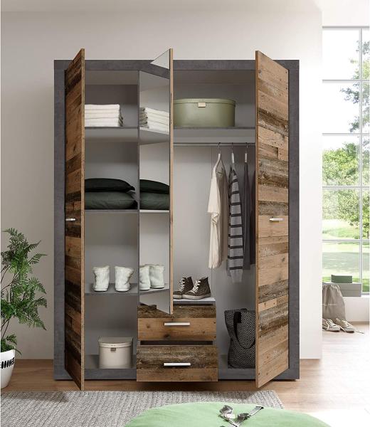 Stella Trading Stone Eleganter Kleiderschrank mit viel Stauraum und Spiegeltür - Vielseitiger Drehtürenschrank in Old Style Optik und Betonoxid - 151 x 198 x 55 cm (B/H/T) Bild 6