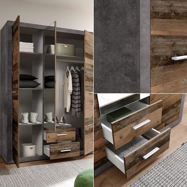 Stella Trading Stone Eleganter Kleiderschrank mit viel Stauraum und Spiegeltür - Vielseitiger Drehtürenschrank in Old Style Optik und Betonoxid - 151 x 198 x 55 cm (B/H/T) Bild 7