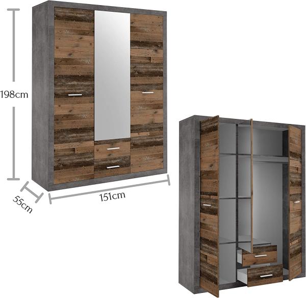 Stella Trading Stone Eleganter Kleiderschrank mit viel Stauraum und Spiegeltür - Vielseitiger Drehtürenschrank in Old Style Optik und Betonoxid - 151 x 198 x 55 cm (B/H/T) Bild 3
