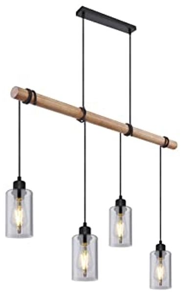 LED Holzbalken Pendelleuchte mit 4 Rauchglas Lampenschirmen, Breite 98cm