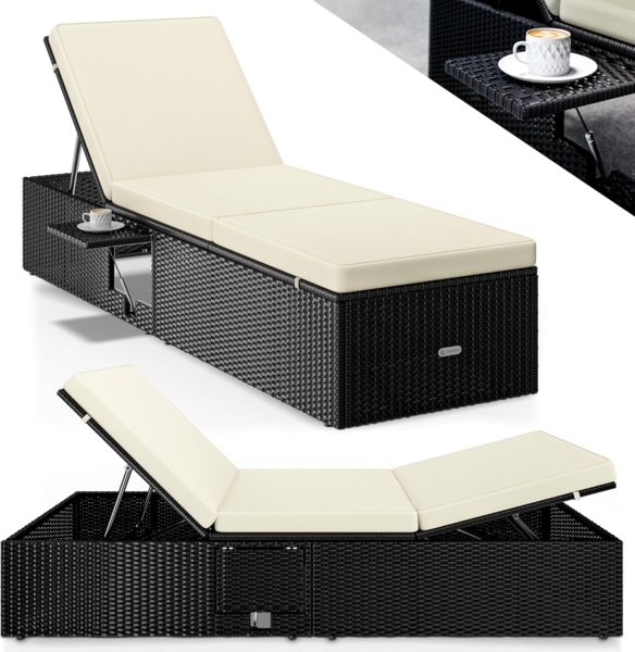 Casaria Gartenliege mit Klapptisch, wetterfest, 7-fach höhenverstellbar, Polyrattan schwarz / creme, 200 x 58 x 33 cm